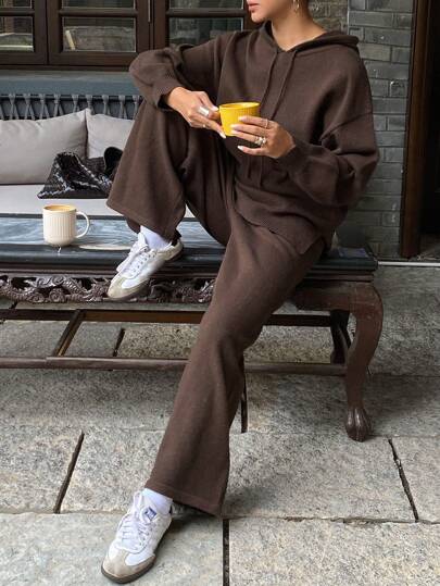 DAZY 2 件套女士纯色长袖连帽衫和长裤，简约秋季