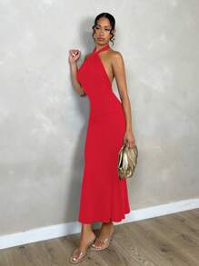 Glamine 红色扭纹露背简约性感露背紧身连衣裙，情人节装扮，花园派对装扮