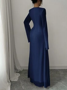 Elenzga Elegant Romantic Flounce Neck Flare Sleeve Women's Dress Fall Cloth For Women - Navy Blue - View 2