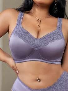 1pc Plus Size Purple Non-Underwire Sheer Bralette, Lift - Purple - View 4