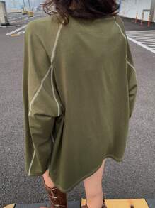 DAZY Loose Street Style Color Block Patchwork Topstitching Decor Round Neck Long Sleeve T-Shirt - Green - View 5