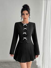 SHEIN Privé Women's Quality Diamond Bow Accent Waist Blazer - Black - View 6