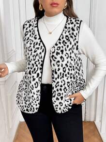 SHEIN Frenchy Chaleco/Chaqueta de Talla Grande con Estampado de Leopardo y Forro Polar - Blanco - Ver 6