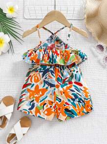 Travachic KIDS 女婴夏季度假休闲花卉印花荷叶边挂脖连体裤，轻盈 - 黃色 - 查看 2