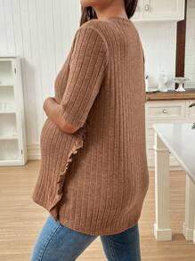 SHEIN Maternity Simple Casual Frill Crew Neck Pullover T-Shirt - Brown - View 2