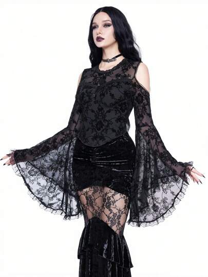 Goth Blusa con hombros abiertos, mangas acampanadas y estampado de enredaderas en estilo gótico, lujoso, romántico y retro al estilo palaciego