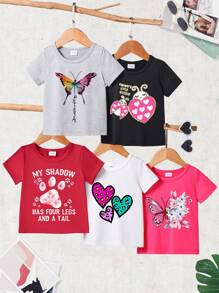 5pcs/Pack Baby Girls Butterfly, Heart, Paw, Firefly Printed Casual Round Neck Short Sleeve Top For Summer - Multicolor - View 1