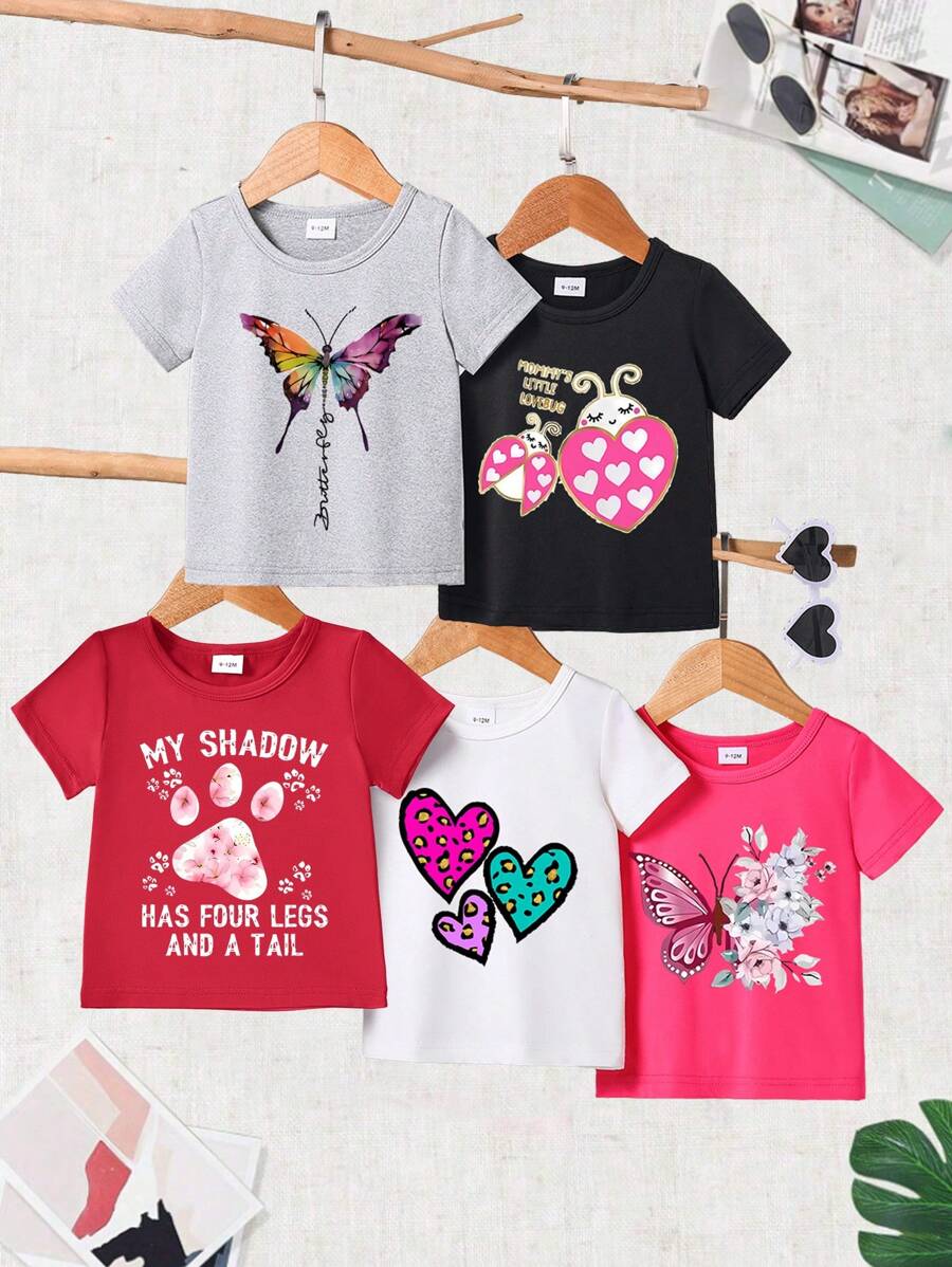 5pcs/Pack Baby Girls Butterfly, Heart, Paw, Firefly Printed Casual Round Neck Short Sleeve Top For Summer - Multicolor - View 1