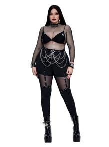 Whyspr 大码时尚高腰修身打底裤，配撞色网眼嵌件和金属扣装饰，打底裤