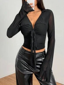 INAWLY Camiseta casual de mujer de unicolor con cuello de lazo - Negro - Ver 3