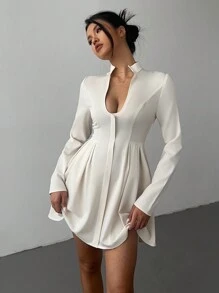 Aloruh 女士性感深 V 褶皱 A 字型修身长袖杏色迷你连衣裙 - 杏色 - 查看 2