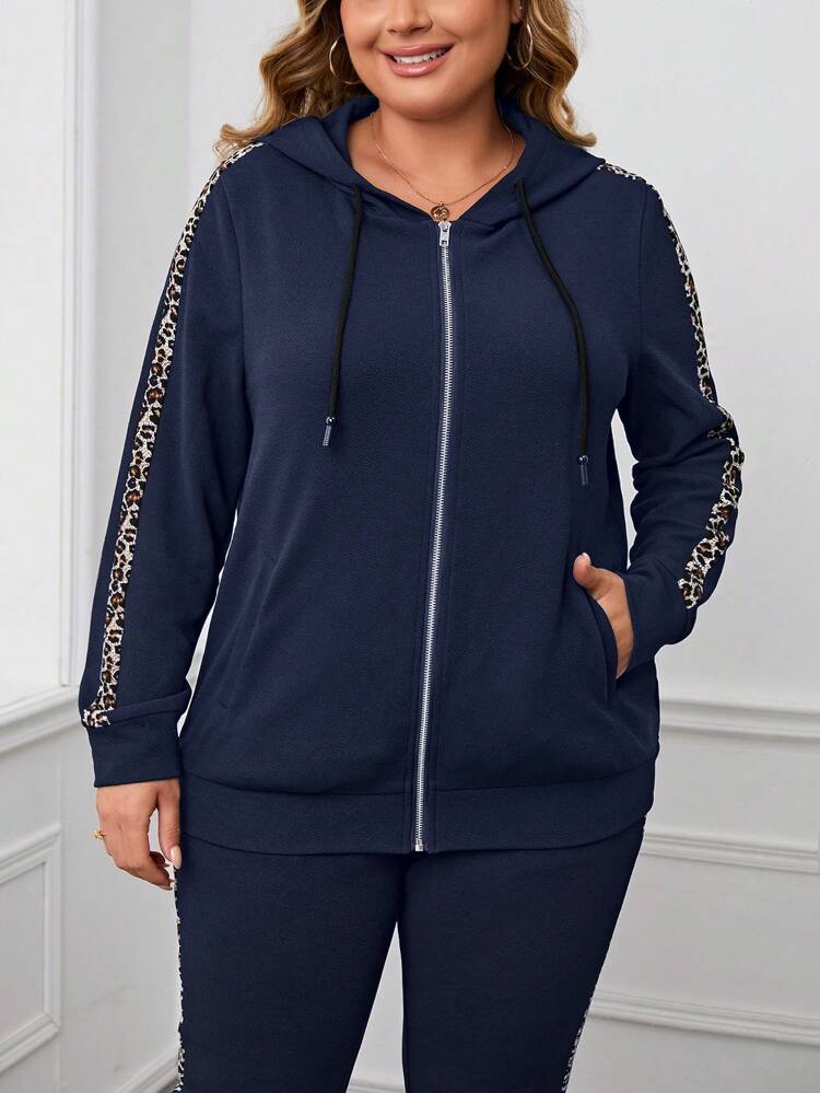 2pcs Plus Size Casual Leopard Patchwork Drawstring Hoodie And Pants Set, Autumn