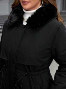 Flouryn Plus Size Hooded Jacket With Drawstring Waist And Furry Collar, For Casual Wear In Autumn/Winter Clothes Fall Cloth For Women - Black - View 3