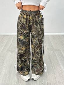 SHEIN PETITE Pantalones simples para diario con bloque de color e impresión para mujer - Multicolor - Ver 4