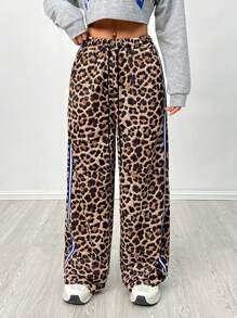 SHEIN PETITE Pantalones de pernera ancha con cordón y franja lateral en estampado de leopardo - Marrón - Ver 4