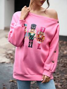 INAWLY 1 pieza Sudadera informal de mujer con estampado de figura en hombro oblicuo, adecuada para uso diario en otoño