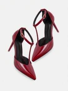 CUCCOO BIZCHIC Burgundy T-Strap Pointed Toe Stilettos, Fashion High Heels For Commute, Dating, Party, Vacation Valentine's Day - Burgundy - View 9