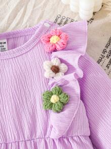 SHEIN BABYGIRL Autumn/Spring Purple Romper With Funny Multi-Color Floral Decoration, Single Side Ruffle Hem, Daily Wear Essential