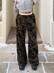 Muchica Women's Casual Camo Drawstring Waist Sweatpants, For Outdoor Wear - Army Green - View 1