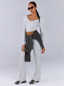 Athîral Women Casual Solid Color Long Sleeve Top And Leggings 2 Pieces Outfit - Light Grey - View 3