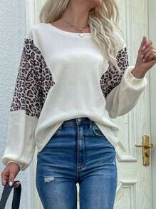 SHEIN LUNE Damen Rundhals Leoparden-Muster Patchwork Langarm Lässig Bluse, Herbst