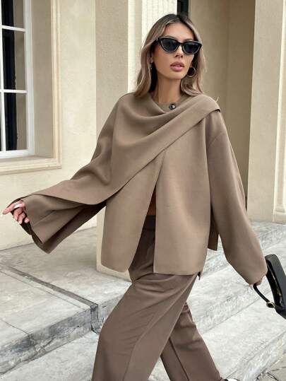 Serisse Women Solid Button Long Sleeve Simple Jacket, Casual For Daily Wear, Warm, Two Fake Scarves, Jacket All Over The Internet, Cape Style Jacket, Casual Daily Wear, FW24, Commute, Minimalist, Office, Old Money, Simple, Casual Daily Wear, Christmas, New Years, New Year Eve, Fall / Winter, Elegant Vintage Women's Clothing,Solid Color Cape Coat Poncho Overcoat Brown