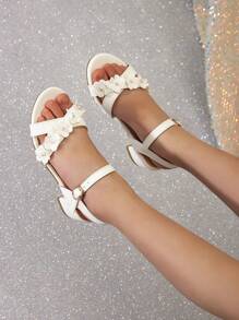 Sandalias de tacón alto con decoración de flores para niñas de moda - Blanco - Ver 3