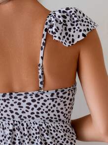 SHEIN Swim Summer Beach Dalmatian Print Ruffle Trim High Waisted Tankini - Black - View 3