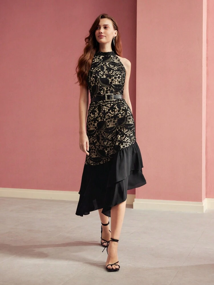 CONTRAST GUIPURE LACE RUFFLE HEM DRESS,VALENTINE'S DAY OUTFIT,SPRING/SUMMER