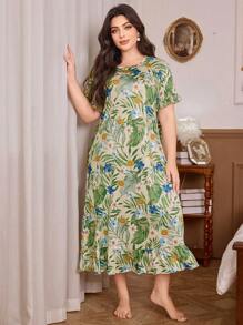 Trezura Camisón con manga corta, estampado floral y ribete con volantes para tallas grandes