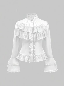 ROMWE Goth 加大码文艺复兴复古宫廷风格哥特式可拆卸荷叶边领带巴洛克钻石吊坠喇叭袖口束腰女式衬衫