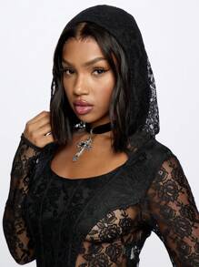 SUMWON WOMEN Gothic Lace Corset Hoodie With Cross Necklace Elegant Victorian Steampunk Crop Top Dark Alternative Fashion Festival Halloween Cosplay Party - Black - View 4