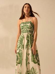 CAJUNI 女士波西米亚风热带绿色印花挂脖超长连衣裙夏季休闲海滩度假连衣裙 - 彩色 - 查看 1