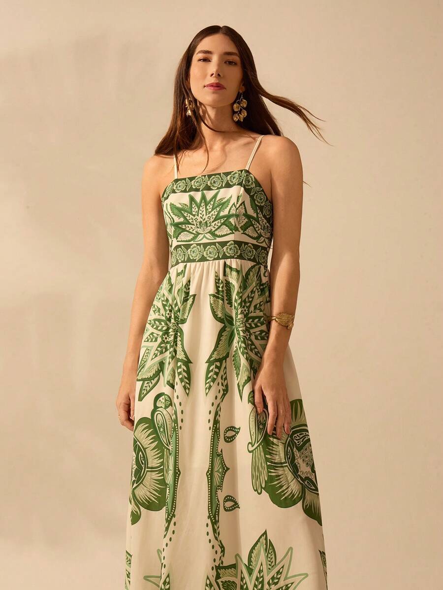 CAJUNI 女士波西米亚风热带绿色印花挂脖超长连衣裙夏季休闲海滩度假连衣裙 - 彩色 - 查看 1