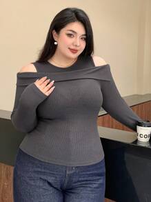 Dazy Plus Solid Color Cold Shoulder Sexy Long Sleeve T-Shirt, Slim Fit, Spring/Summer/Autumn,Fall Women Clothes