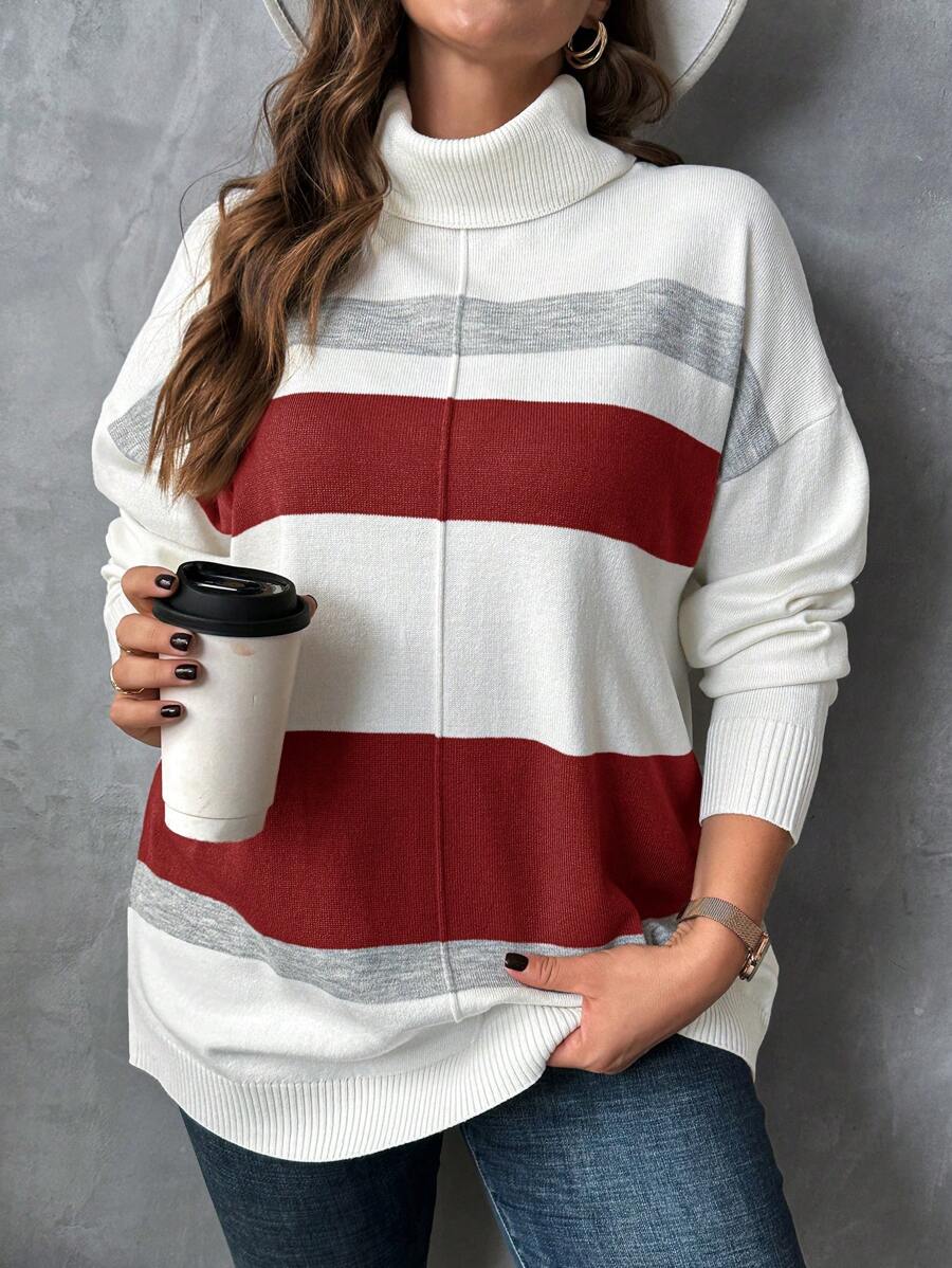 SHEIN Clasi 大码女式高领拼色条纹拼接宽松套头毛衣，休闲居家户外秋冬季 - 酒紅色 - 查看 1
