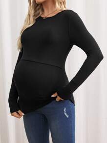SHEIN Solid Color Long Sleeve Casual Round Neck Fitted Maternity Nursing T-Shirt