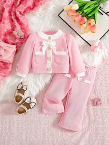 SHEIN Baby Girls' Spring/Autumn Cute Elegant Round Neck Puff Sleeve Bow Shirt + Ombre Color Flare Pants 2 Pcs Set, Soft & Comfortable, Skin-Friendly, Classic Round Neck Design With Adorable Bow - Pink - View 9