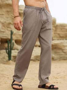 Genlund Pantalon droit en lin à poche de ceinture de couleur unie pour hommes - Gris foncé - Voir 6