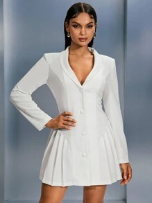 SHEIN SXY Elegant Office Commuter White Pleated Waisted Single-Breasted Long-Sleeved Blazer Dress; Autumn Women's Wear; Office Wear For Women; Long Coat For Women - White - View 3