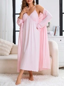 Plus Size Lace Patchwork Long Sleeve Minimalist Coat & Dress Loungewear Set, Vacation