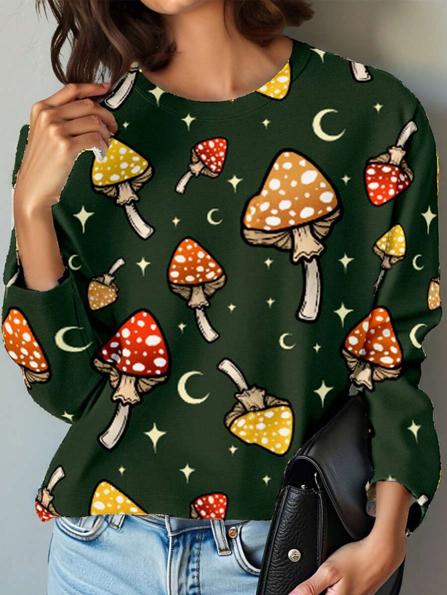 ThisUniqueVibe Jersey de punto de cuello redondo con holgura, de estampado de setas, adecuado para vacaciones, fiestas, Ibiza - Verde Oscuro - Ver 1