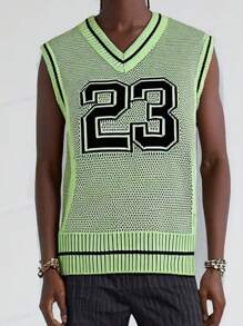 Manfinity Campus Court Aesthetic Post--Men's Casual Daily Number Pattern V-Neck Trim Knit Sweater Vest - Green - View 1