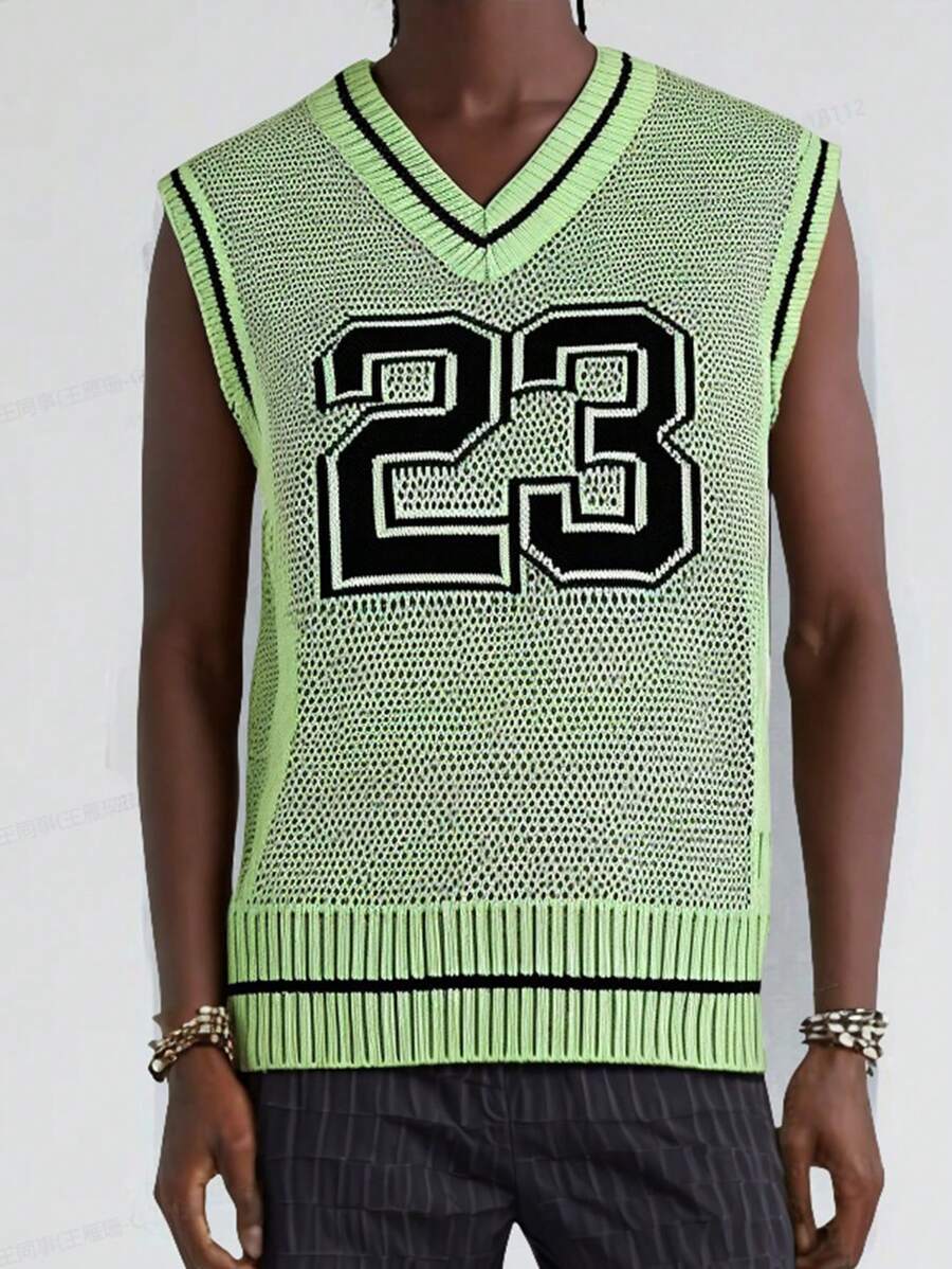 Manfinity Campus Court Aesthetic Post--Men's Casual Daily Number Pattern V-Neck Trim Knit Sweater Vest - Green - View 1