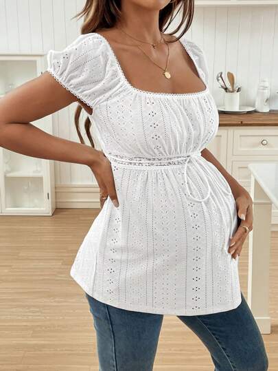 SHEIN Pregnant Women's Solid Color Square Neck Raglan Sleeve Textured Jacquard Ruched T-Shirt