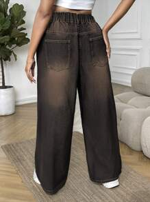 SHEIN SXY 大码休闲洗水做旧宽松牛仔裤 - 深色水洗藍 - 查看 2