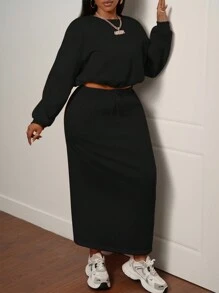 Slaydiva Sports & Casual Solid Color Orange Long Sleeve Drawstring Adjustable Pullover Hoodie And Long Pocket Skirt Set, Women Plus Size, Autumn/Winter - Black - View 7