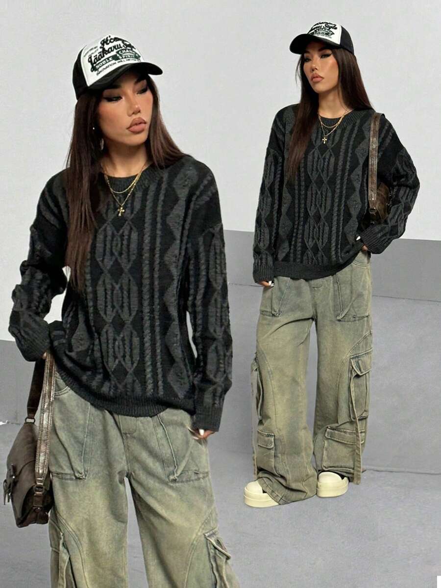 StreetHx 女士街头风圆领休闲针织毛衣，秋冬针织套头衫 - 彩色 - 查看 1