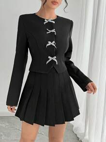 SHEIN Privé Women's Quality Diamond Bow Accent Waist Blazer - Black - View 4