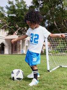 SHEIN 4t 年轻男孩白色圆领篮球球衣和短裤套装，男孩运动服 - 彩色 - 查看 3